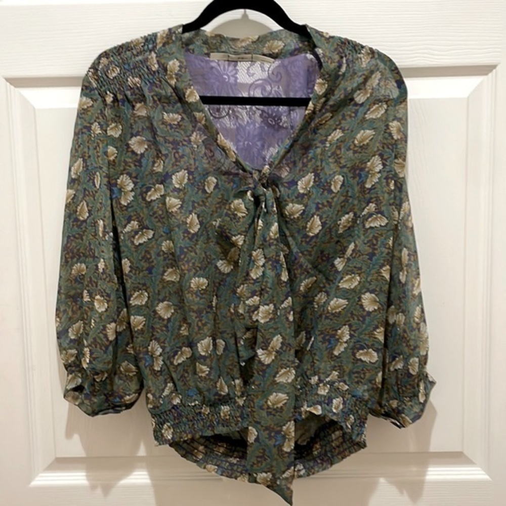 Gibson Green, Purple & White Floral Sheer Long Sleeve Blouse Small